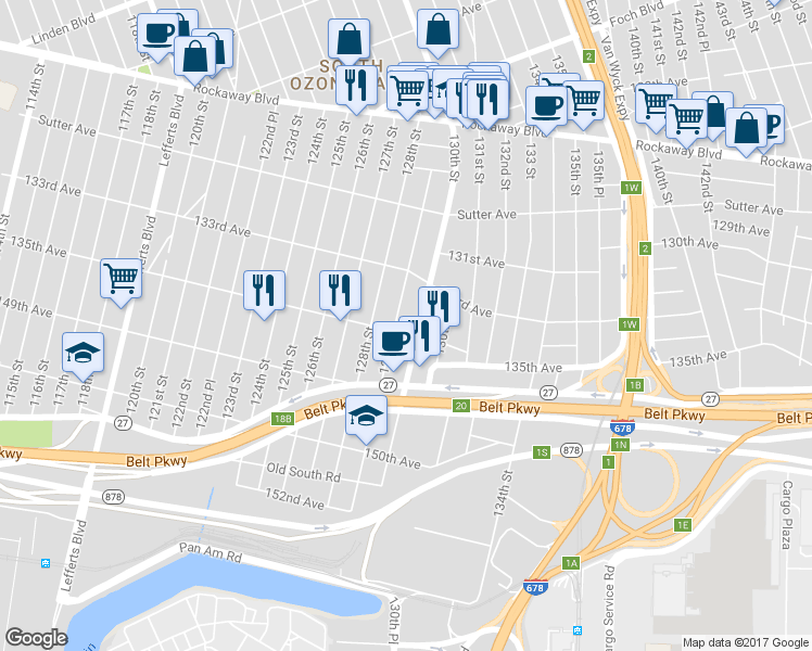 map of restaurants, bars, coffee shops, grocery stores, and more near 133-33 129th Street in Queens