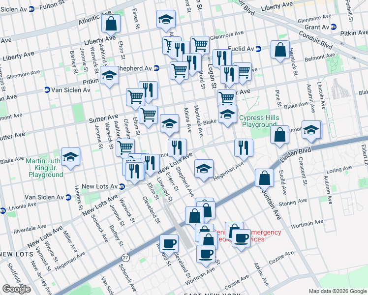 map of restaurants, bars, coffee shops, grocery stores, and more near 372 Atkins Avenue in Brooklyn