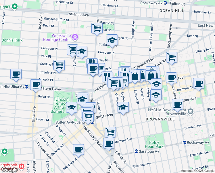 map of restaurants, bars, coffee shops, grocery stores, and more near 1457 Eastern Parkway in Brooklyn