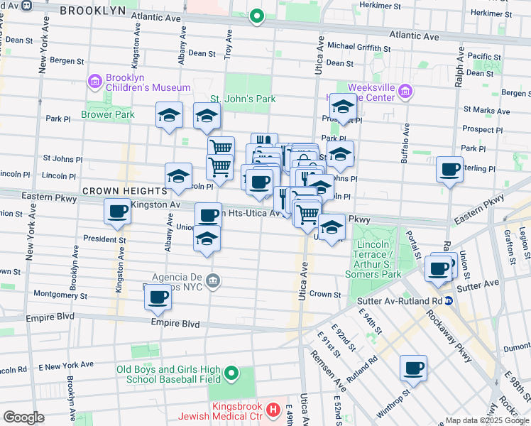 map of restaurants, bars, coffee shops, grocery stores, and more near 1051 Eastern Parkway in Brooklyn
