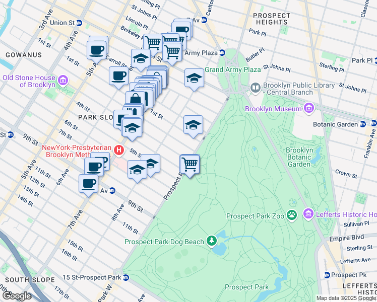 map of restaurants, bars, coffee shops, grocery stores, and more near 621 2nd Street in Brooklyn