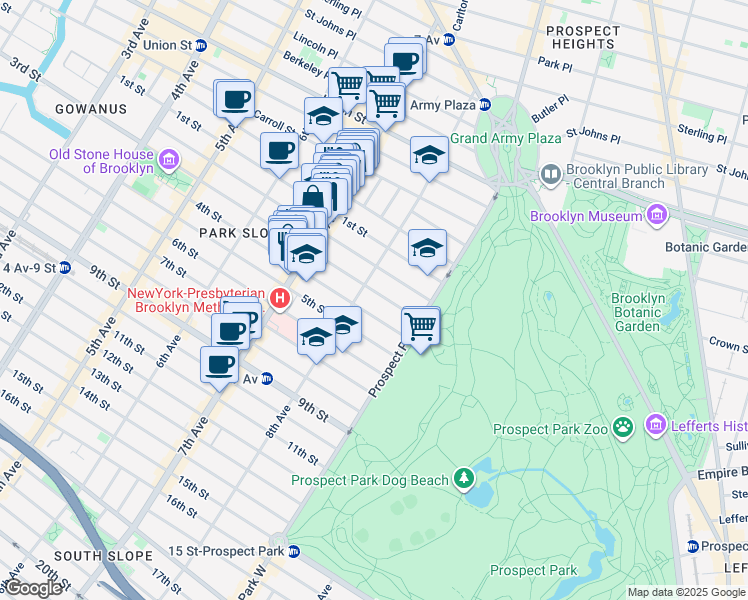 map of restaurants, bars, coffee shops, grocery stores, and more near 582 8th Street in Brooklyn
