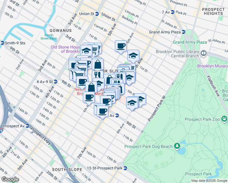 map of restaurants, bars, coffee shops, grocery stores, and more near 425 6th Street in Brooklyn