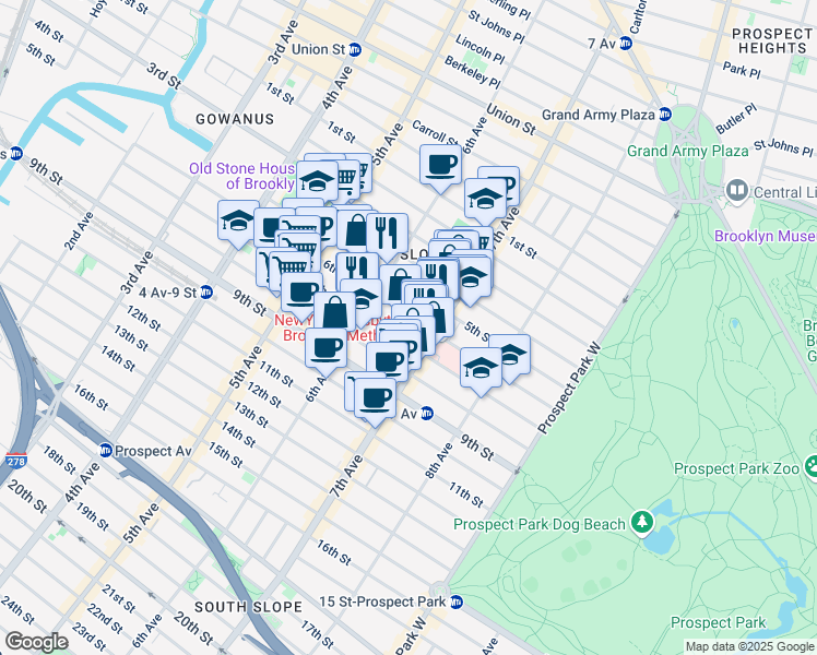map of restaurants, bars, coffee shops, grocery stores, and more near 425 6th Street in Brooklyn