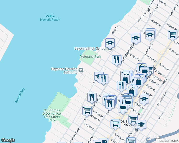 map of restaurants, bars, coffee shops, grocery stores, and more near 194 West 25th Street in Bayonne