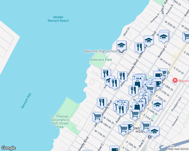 map of restaurants, bars, coffee shops, grocery stores, and more near 194 West 25th Street in Bayonne