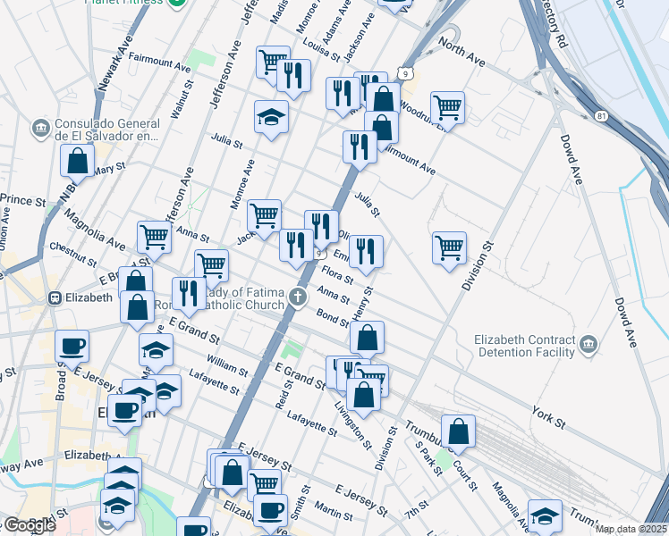 map of restaurants, bars, coffee shops, grocery stores, and more near 950 Emma Street in Elizabeth