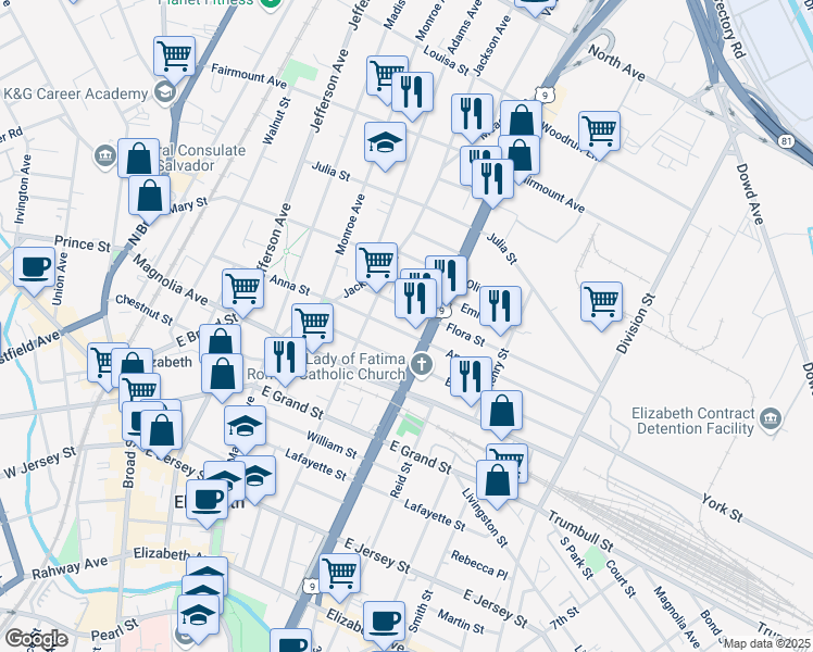 map of restaurants, bars, coffee shops, grocery stores, and more near 1017 Flora Street in Elizabeth