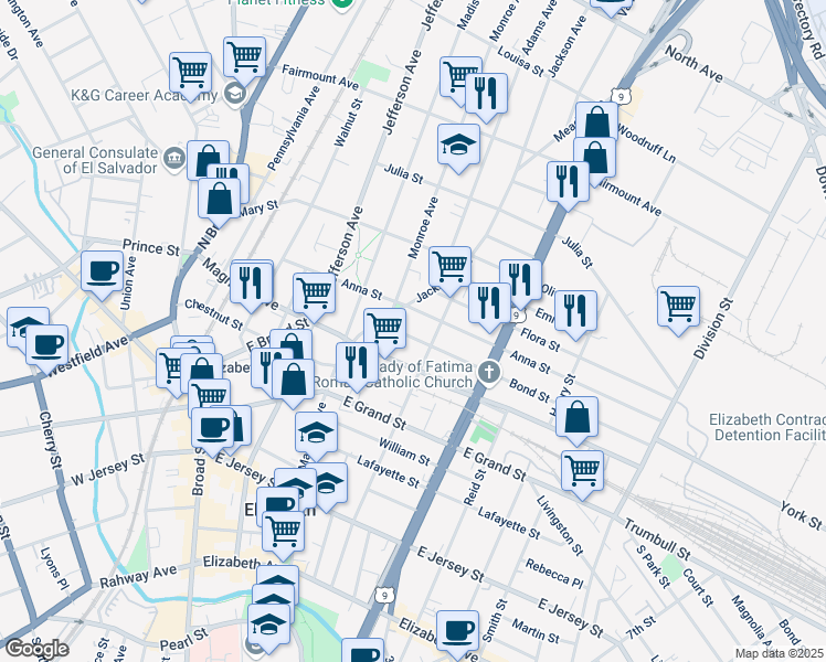 map of restaurants, bars, coffee shops, grocery stores, and more near 1074 Anna Street in Elizabeth
