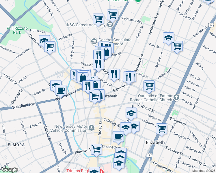 map of restaurants, bars, coffee shops, grocery stores, and more near 1183-1185 Chestnut Street in Elizabeth