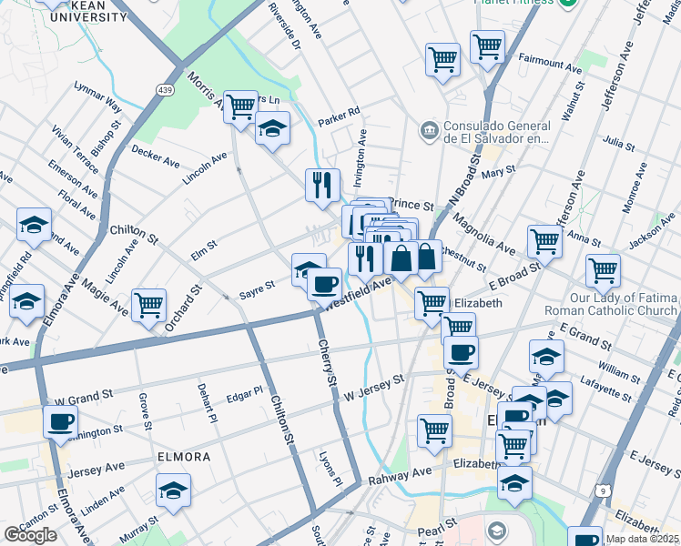 map of restaurants, bars, coffee shops, grocery stores, and more near 22 Sayre Street in Elizabeth