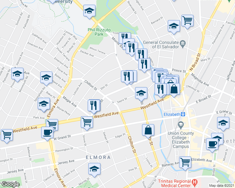 map of restaurants, bars, coffee shops, grocery stores, and more near 127 Orchard Street in Elizabeth