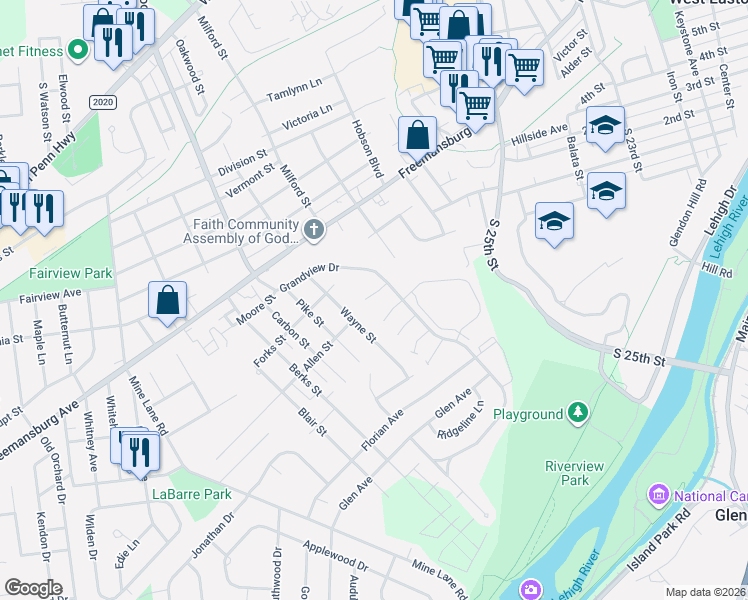 map of restaurants, bars, coffee shops, grocery stores, and more near 16 Red Rose Lane in Easton