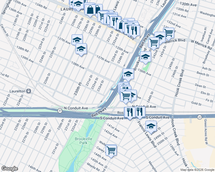 map of restaurants, bars, coffee shops, grocery stores, and more near 138-07 233rd Street in Queens
