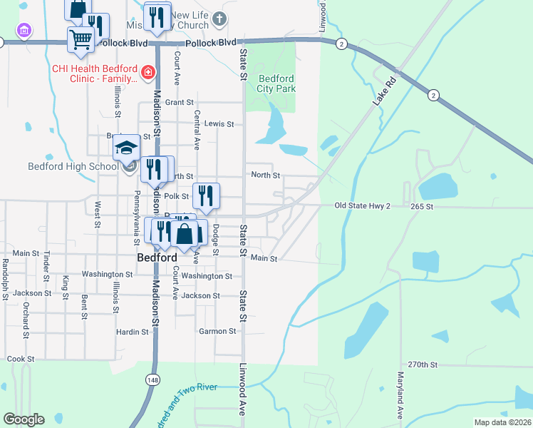 map of restaurants, bars, coffee shops, grocery stores, and more near Cole Street in Bedford