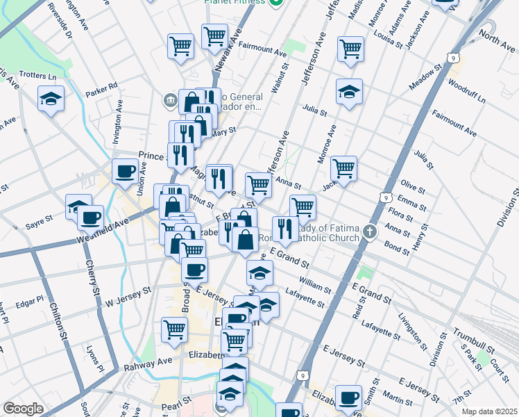 map of restaurants, bars, coffee shops, grocery stores, and more near in Elizabeth