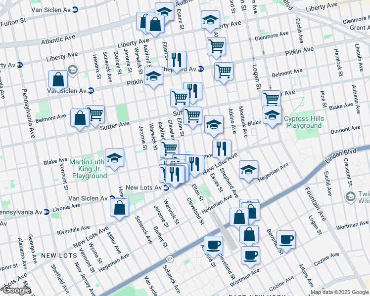 map of restaurants, bars, coffee shops, grocery stores, and more near Elton Street in Brooklyn