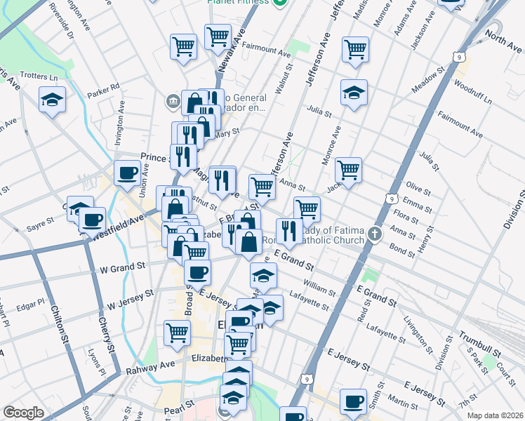 map of restaurants, bars, coffee shops, grocery stores, and more near in Elizabeth