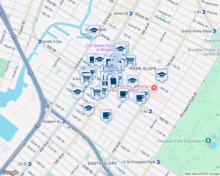 map of restaurants, bars, coffee shops, grocery stores, and more near 410 5th Avenue in Brooklyn