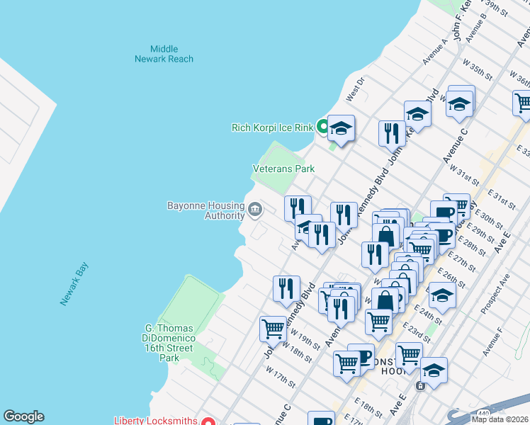 map of restaurants, bars, coffee shops, grocery stores, and more near 194 West 25th Street in Bayonne