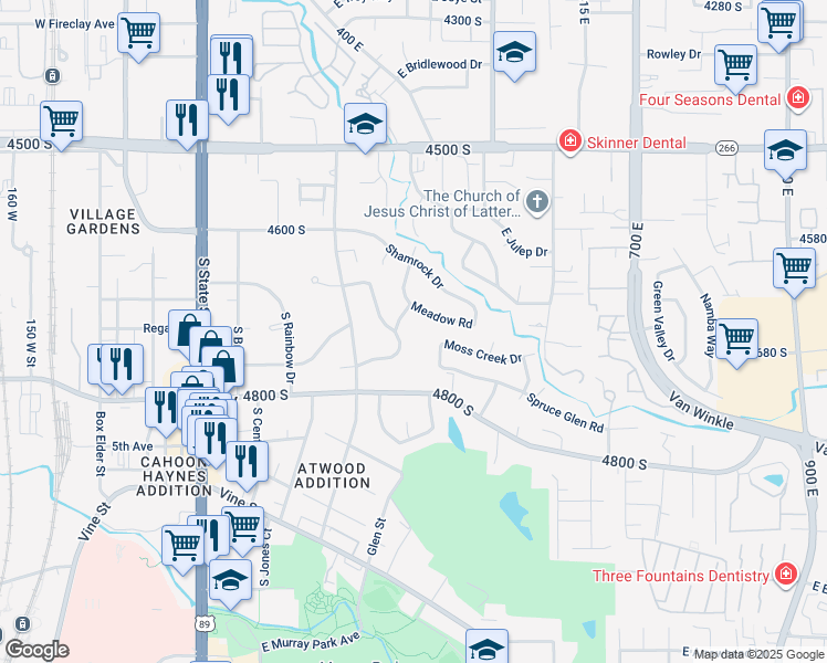 map of restaurants, bars, coffee shops, grocery stores, and more near 4680 East Meadow Road in Murray