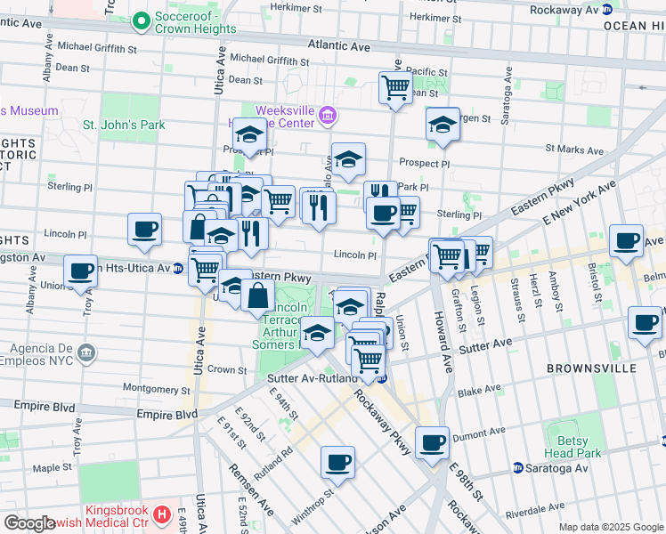 map of restaurants, bars, coffee shops, grocery stores, and more near 1299 Eastern Parkway in Brooklyn