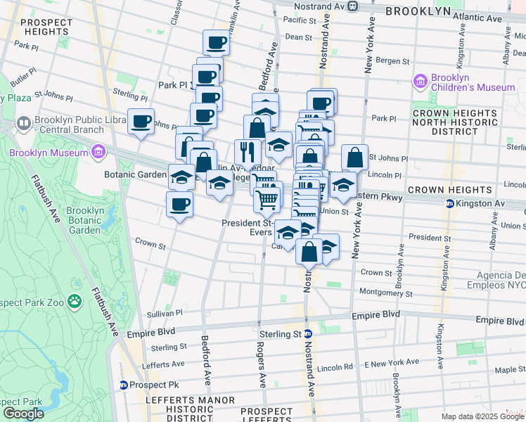 map of restaurants, bars, coffee shops, grocery stores, and more near 464 Eastern Parkway in Brooklyn