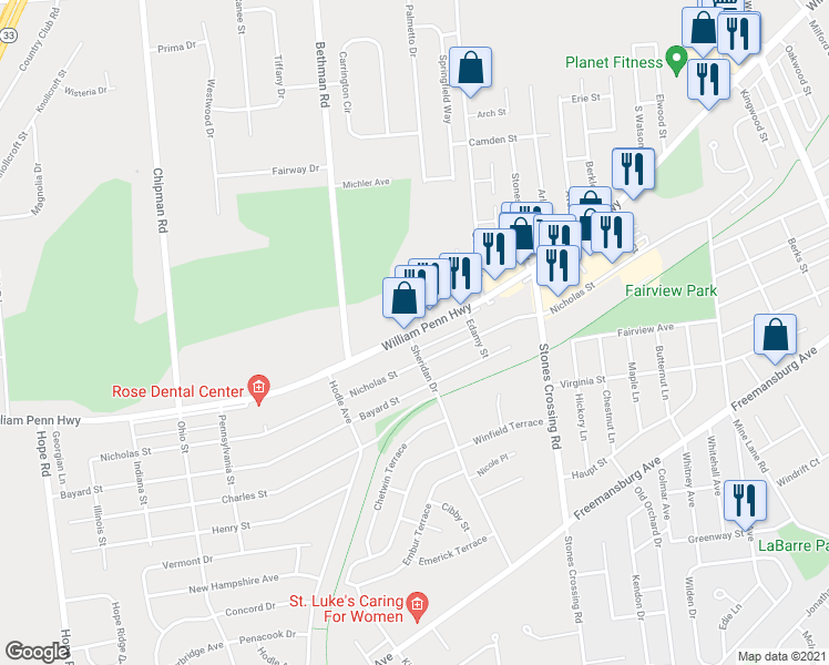 map of restaurants, bars, coffee shops, grocery stores, and more near 4246 William Penn Highway in Easton