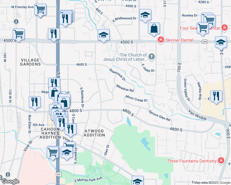 map of restaurants, bars, coffee shops, grocery stores, and more near 4757 South Meadowview Road in Murray