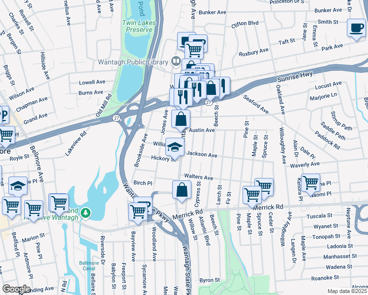 map of restaurants, bars, coffee shops, grocery stores, and more near 2091 Wantagh Avenue in Wantagh