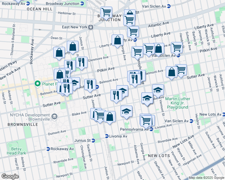 map of restaurants, bars, coffee shops, grocery stores, and more near 247 Williams Avenue in Brooklyn