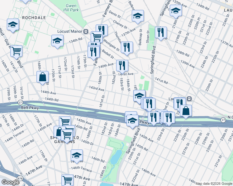 map of restaurants, bars, coffee shops, grocery stores, and more near 141-48 183rd Street in Queens