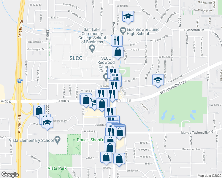 map of restaurants, bars, coffee shops, grocery stores, and more near 4620 South Redwood Road in Taylorsville