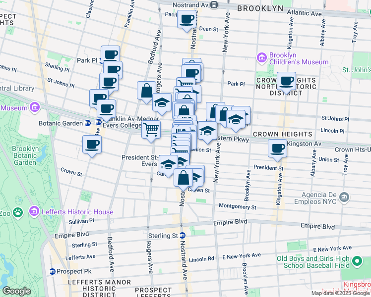 map of restaurants, bars, coffee shops, grocery stores, and more near Nostrand Avenue & Union Street in Brooklyn