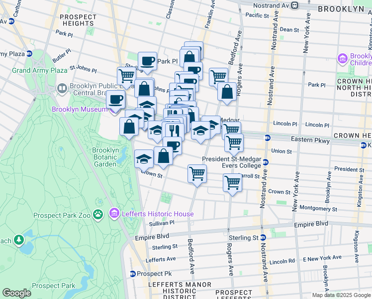 map of restaurants, bars, coffee shops, grocery stores, and more near 1017 President Street in Brooklyn