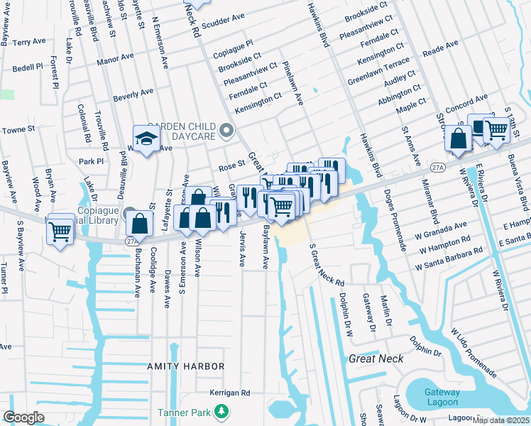 map of restaurants, bars, coffee shops, grocery stores, and more near 155 Great Neck Road in Copiague