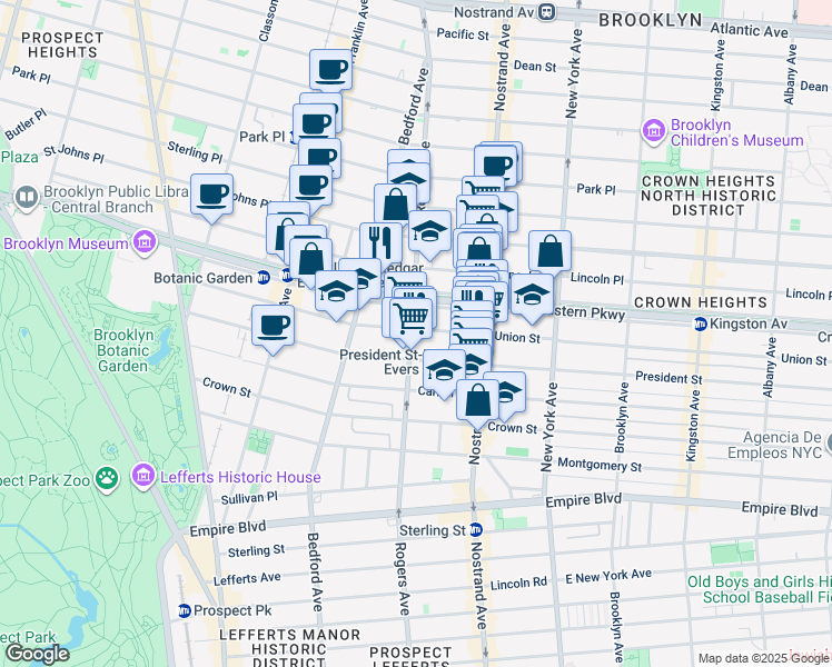 map of restaurants, bars, coffee shops, grocery stores, and more near 464 Eastern Parkway in Brooklyn