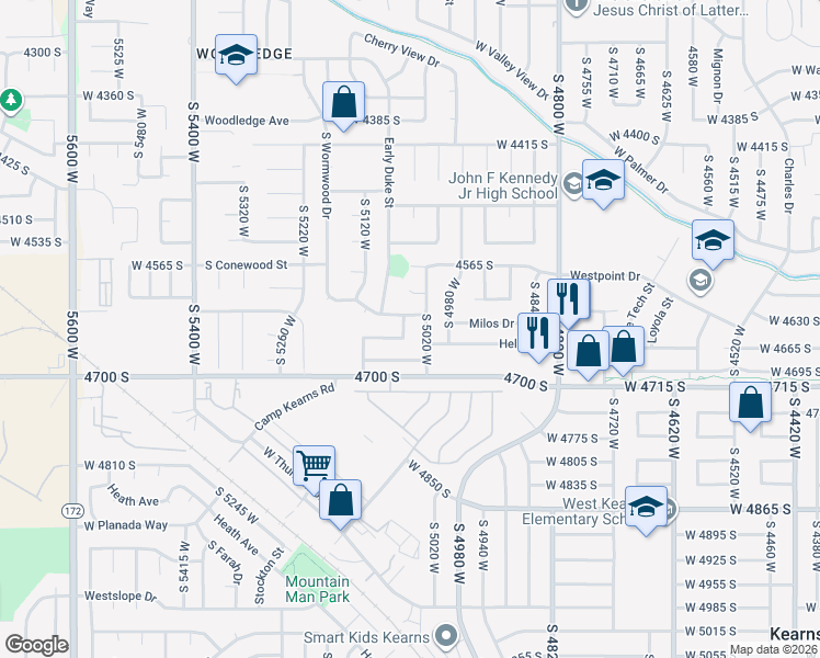 map of restaurants, bars, coffee shops, grocery stores, and more near 5020 South Wormwood Drive in West Valley City