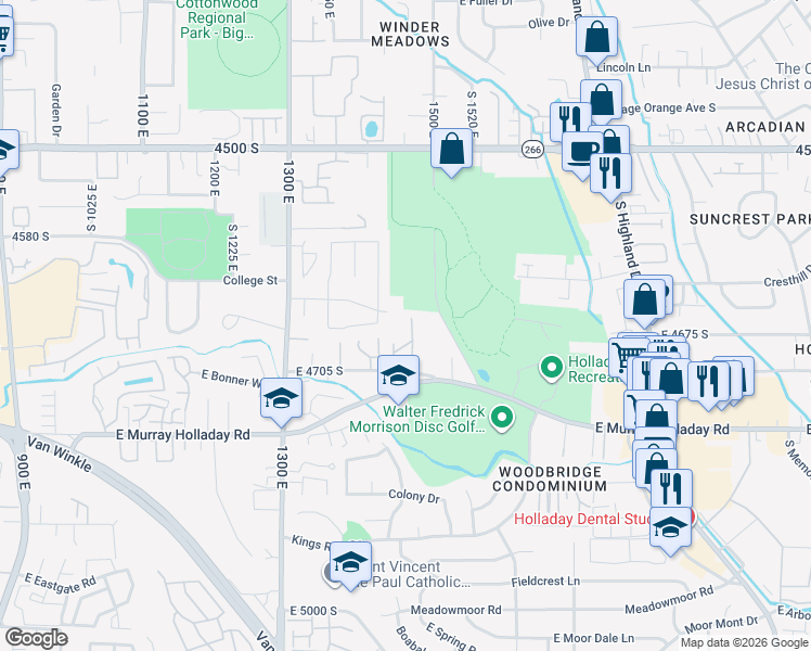 map of restaurants, bars, coffee shops, grocery stores, and more near 4656 South 1590 East in Holladay