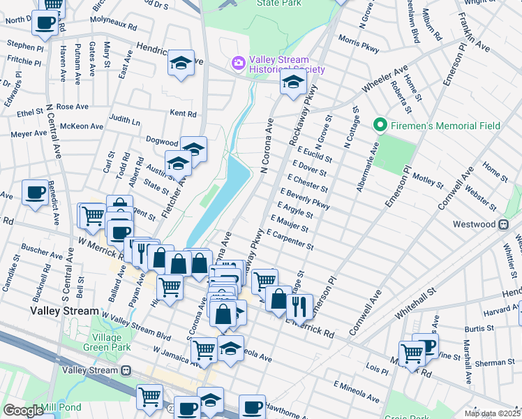 map of restaurants, bars, coffee shops, grocery stores, and more near 20 West Argyle Street in Valley Stream