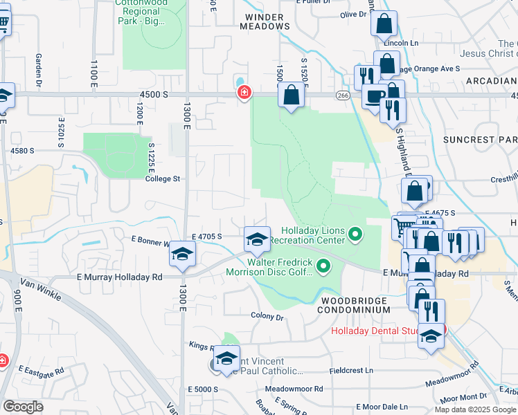 map of restaurants, bars, coffee shops, grocery stores, and more near 4656 South 1590 East in Holladay