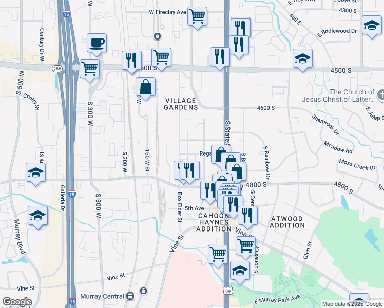 map of restaurants, bars, coffee shops, grocery stores, and more near 14 East Miller Street in Murray