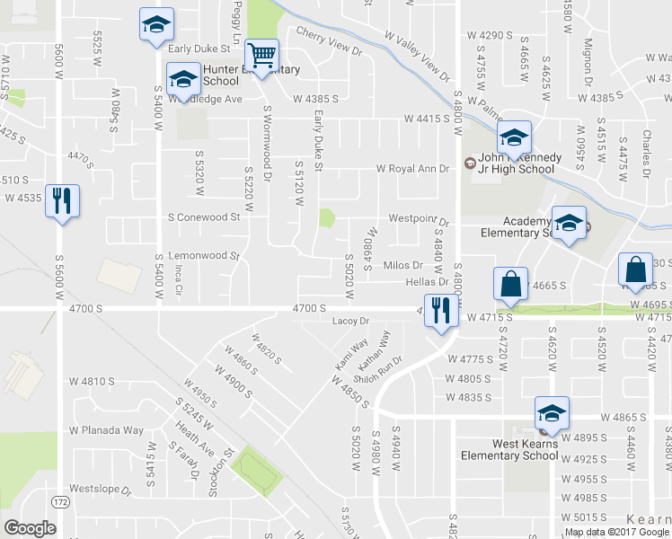 map of restaurants, bars, coffee shops, grocery stores, and more near 5020 South Wormwood Drive in West Valley City