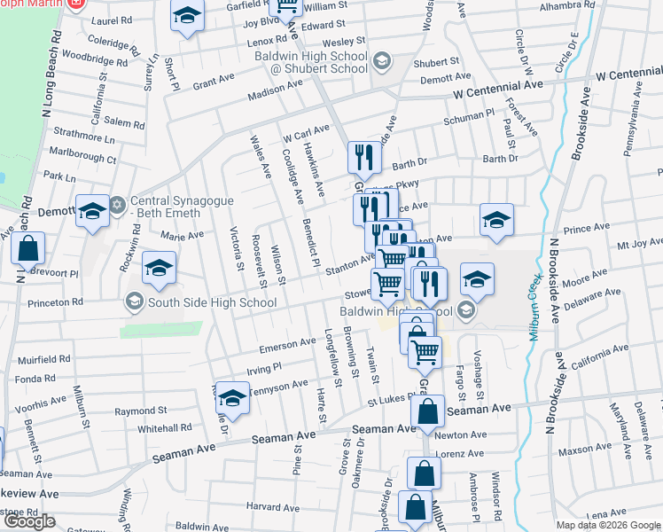map of restaurants, bars, coffee shops, grocery stores, and more near 1626 Howard Place in Baldwin