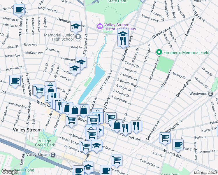 map of restaurants, bars, coffee shops, grocery stores, and more near 20 West Argyle Street in Valley Stream