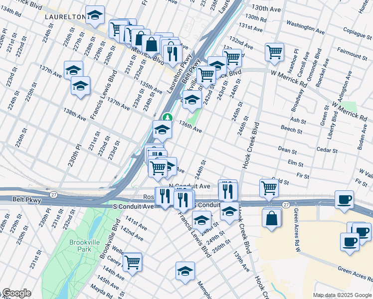 map of restaurants, bars, coffee shops, grocery stores, and more near 136-29 242nd Street in Queens