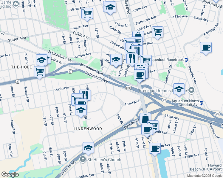 map of restaurants, bars, coffee shops, grocery stores, and more near 150-02 89th Street in Queens