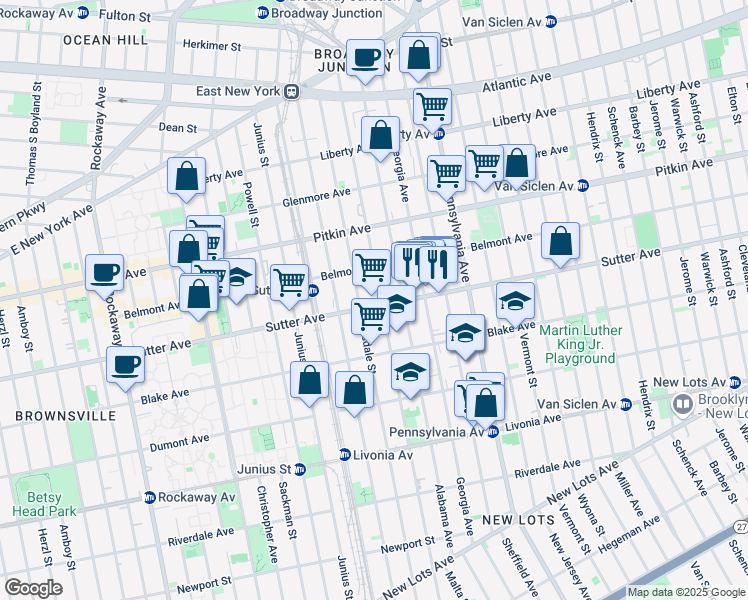 map of restaurants, bars, coffee shops, grocery stores, and more near 247 Williams Avenue in Brooklyn