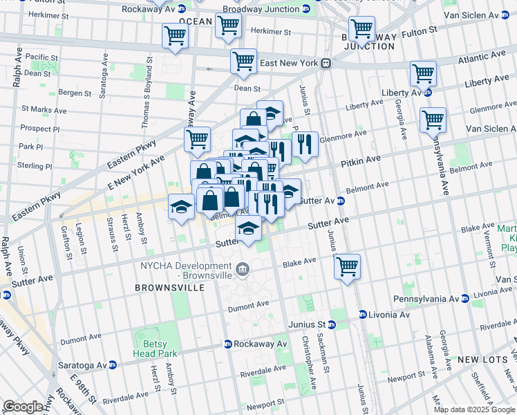 map of restaurants, bars, coffee shops, grocery stores, and more near 393 Mother Gaston Boulevard in Brooklyn