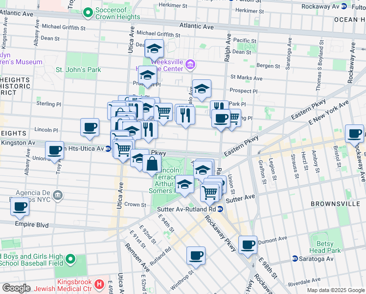 map of restaurants, bars, coffee shops, grocery stores, and more near 1527 Lincoln Place in Brooklyn